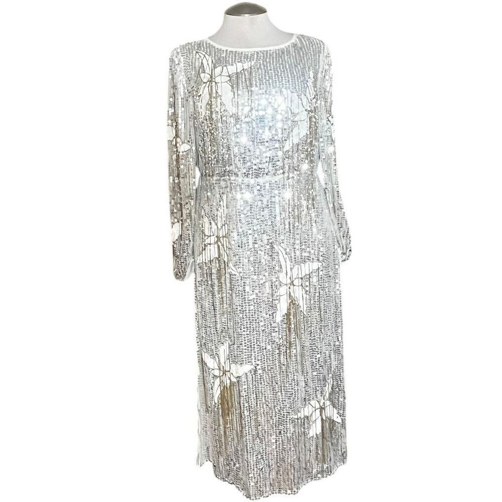River Island London‎ Floral Sequin Fringe Long Sleeve MIDI Party Holiday Dresd - Picture 4 of 11